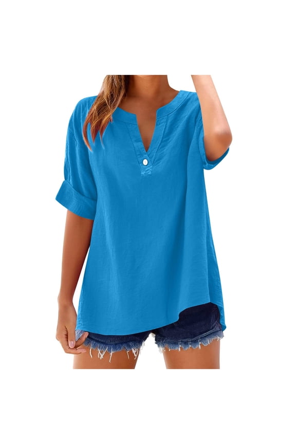 summer tops for women 2025 Elbow-Length Sleeve V Neck T-Shirts Casual Loose Solid Color Button Blouse 02-Blue-A XXXXXL