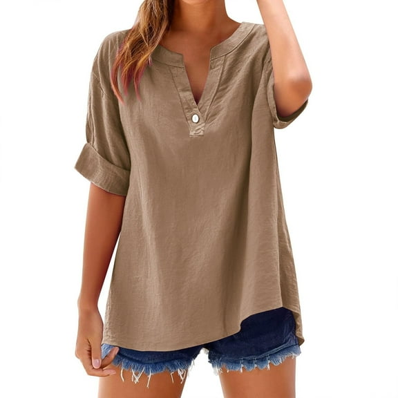 Ecqkame summer tops for women 2025 Elbow-Length Sleeve V Neck T-Shirts Casual Loose Solid Color Button Blouse 02-Brown XXXXXL
