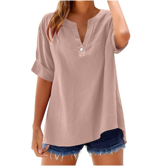 Ecqkame summer tops for women 2025 Elbow-Length Sleeve V Neck T-Shirts Casual Loose Solid Color Button Blouse 02-Khaki XL