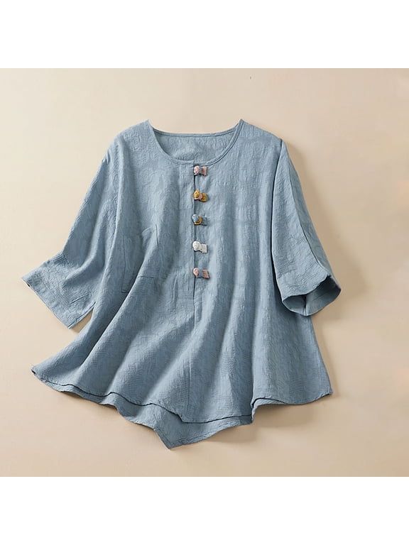 Summer Tops Women 3/4 Sleeve Embroidered Cotton Linen Lightweight Versatile Shirts Loose Soft Casual Breathable Blouse Blue-A M
