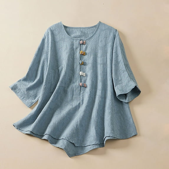 Ecqkame Summer Tops Women 3/4 Sleeve Embroidered Cotton Linen Crewneck Solid Color Shirts Loose Soft Casual Breathable Blouse Blue-A XXL