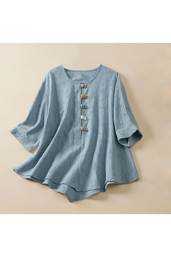 Summer Tops Women 3/4 Sleeve Embroidered Cotton Linen Crewneck Solid Color Shirts Loose Soft Casual Breathable Blouse Blue-A XXL