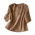 thumbnail image 1 of Ecqkame Summer Tops Women 3/4 Sleeve Embroidered Cotton Linen Crewneck Solid Color Shirts Loose Soft Casual Breathable Blouse Brown XL, 1 of 4