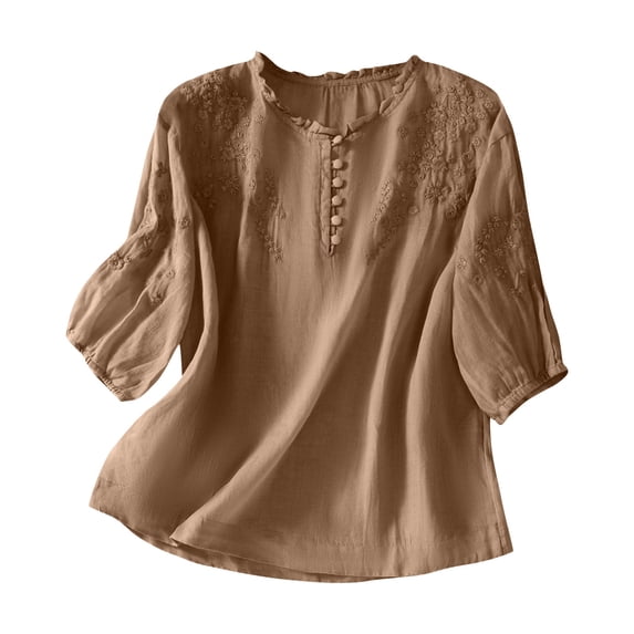 Ecqkame Summer Tops Women 3/4 Sleeve Embroidered Cotton Linen Crewneck Solid Color Shirts Loose Soft Casual Breathable Blouse Brown XL