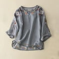 thumbnail image 1 of Ecqkame Summer Tops Women 3/4 Sleeve Embroidered Cotton Linen Crewneck Solid Color Shirts Loose Soft Casual Breathable Blouse Gray-A XXL, 1 of 4