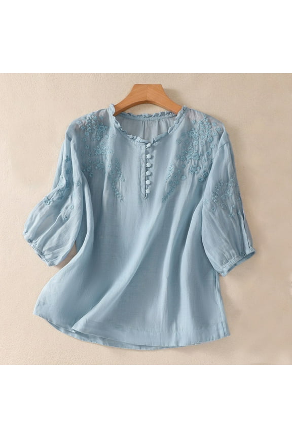 Summer Tops Women 3/4 Sleeve Embroidered Cotton Linen Crewneck Solid Color Shirts Loose Soft Casual Breathable Blouse Light Blue M