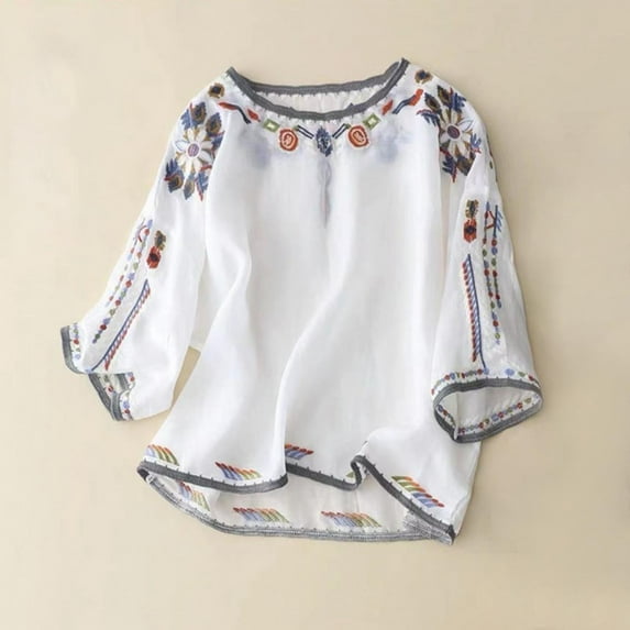 Ecqkame Summer Tops Women 3/4 Sleeve Embroidered Cotton Linen Crewneck Solid Color Shirts Loose Soft Casual Breathable Blouse White-B XXL