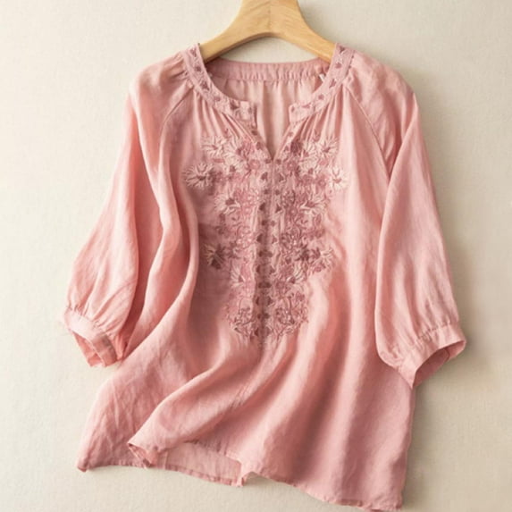 Ecqkame Tops for Women Trendy 3/4 Sleeve V-Neck Solid Color Cotton Linen Blouse Loose Soft Casual Breathable Blouse Pink XXL