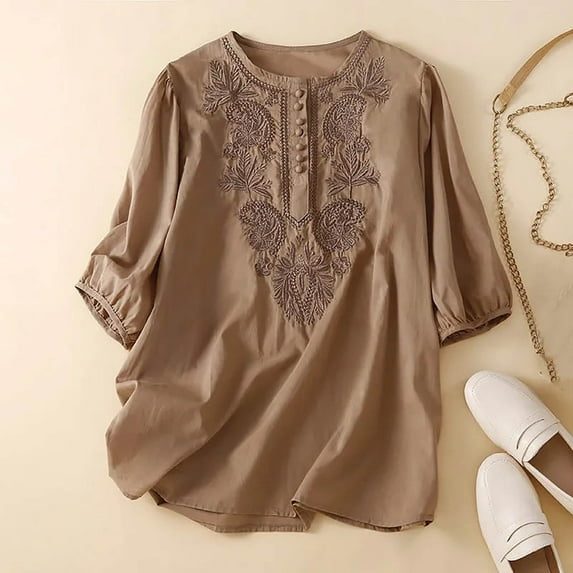 Ecqkame Tops for Women Trendy 3/4 Sleeve Embroidered Crewneck Solid Color Cotton Linen Blouse Loose Soft Casual Breathable Blouse Khaki L