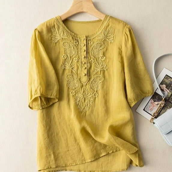 Ecqkame Tops for Women Trendy 3/4 Sleeve Embroidered Crewneck Solid Color Cotton Linen Blouse Loose Soft Casual Breathable Blouse Yellow XL