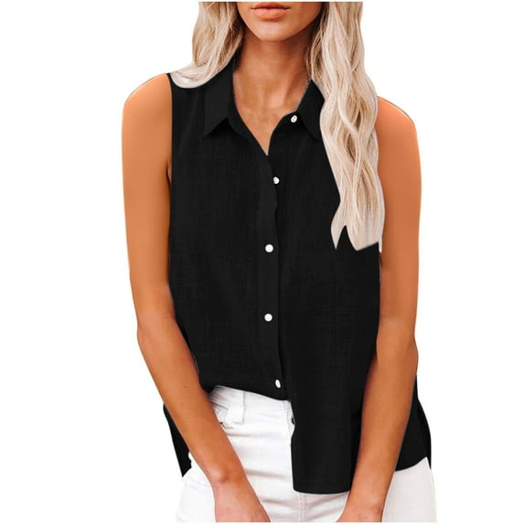 Ecqkame Women's Summer Tops Casual Solid Color Sleeveless Shirts Turndown Collar Loose Trendy Button Cotton Linen Blouse Black S