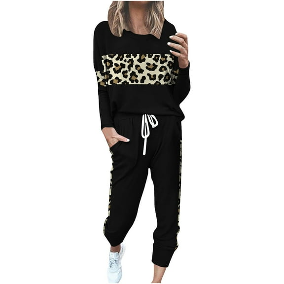 Ecqkame women sets outfits 2 Piece Round Neck Long Sleeve Tops and Straight-Leg Drawstring Long Sweatpants Lounge Outfit Set Black M