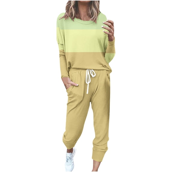 Ecqkame women sets outfits 2 Piece Round Neck Long Sleeve Tops and Straight-Leg Drawstring Long Sweatpants Lounge Outfit Set Khaki XL
