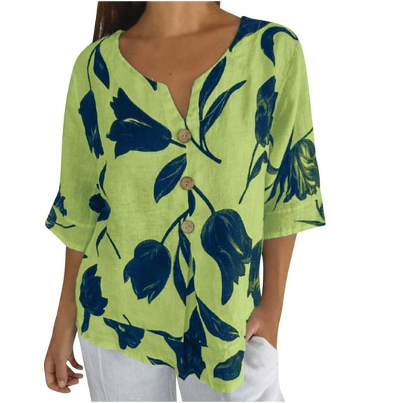 Ecqkame womens summer tops Summer Floral Print Casual Elbow-Length Sleeve T Shirts Trendy V Neck Loose Button Tee Shirts Green XXL