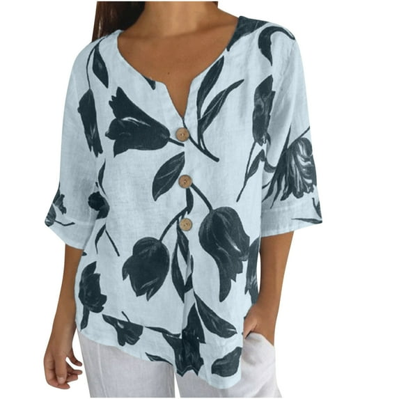 Ecqkame womens summer tops Summer Floral Print Casual Elbow-Length Sleeve T Shirts Trendy V Neck Loose Button Tee Shirts Light Blue XXL