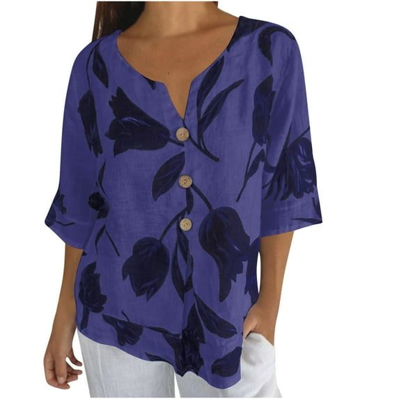 Ecqkame womens summer tops Summer Floral Print Casual Elbow-Length Sleeve T Shirts Trendy V Neck Loose Button Tee Shirts Purple S