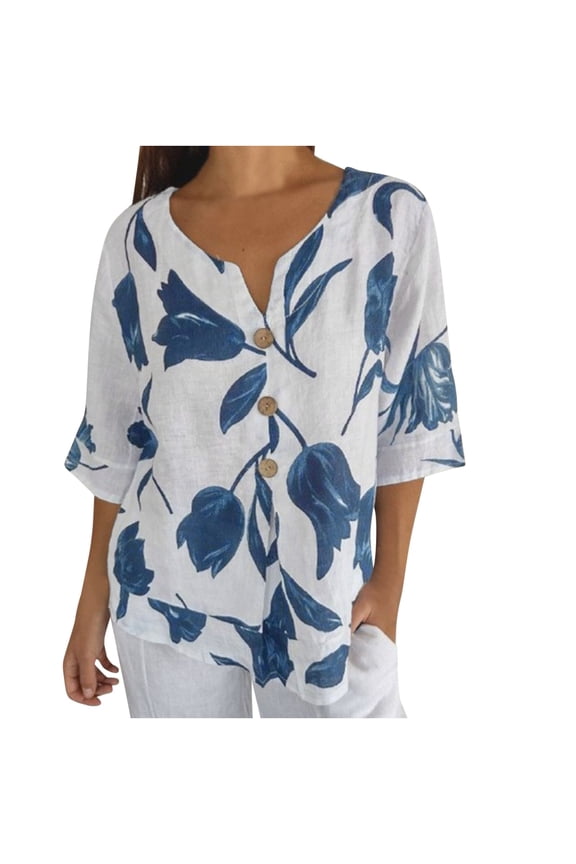 womens summer tops Summer Floral Print Casual Elbow-Length Sleeve T Shirts Trendy V Neck Loose Button Tee Shirts White XXL