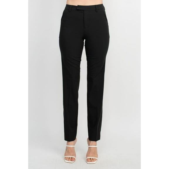 Ecru Designs Mid Waist Hook Button Zip Closure Belt Hoop Straight Solid Crepe Pant-BLACK / 00