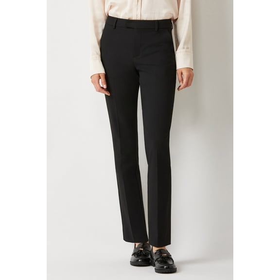 Ecru Designs Mid Waist Hook Button Zip Closure Belt Hoop Straight Solid Crepe Pant-BLACK / 4