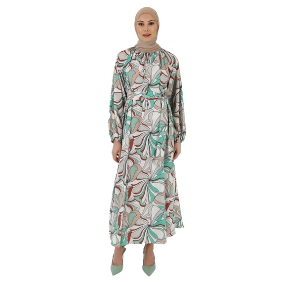 Ecru - Green - Floral - Crew neck - Unlined - Modest Dress - Refka