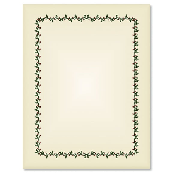 Ecru Holly & Berry Frame Christmas Letter Papers - Set of 25 Christmas stationery papers are 8 1/2" x 11", compatible computer paper