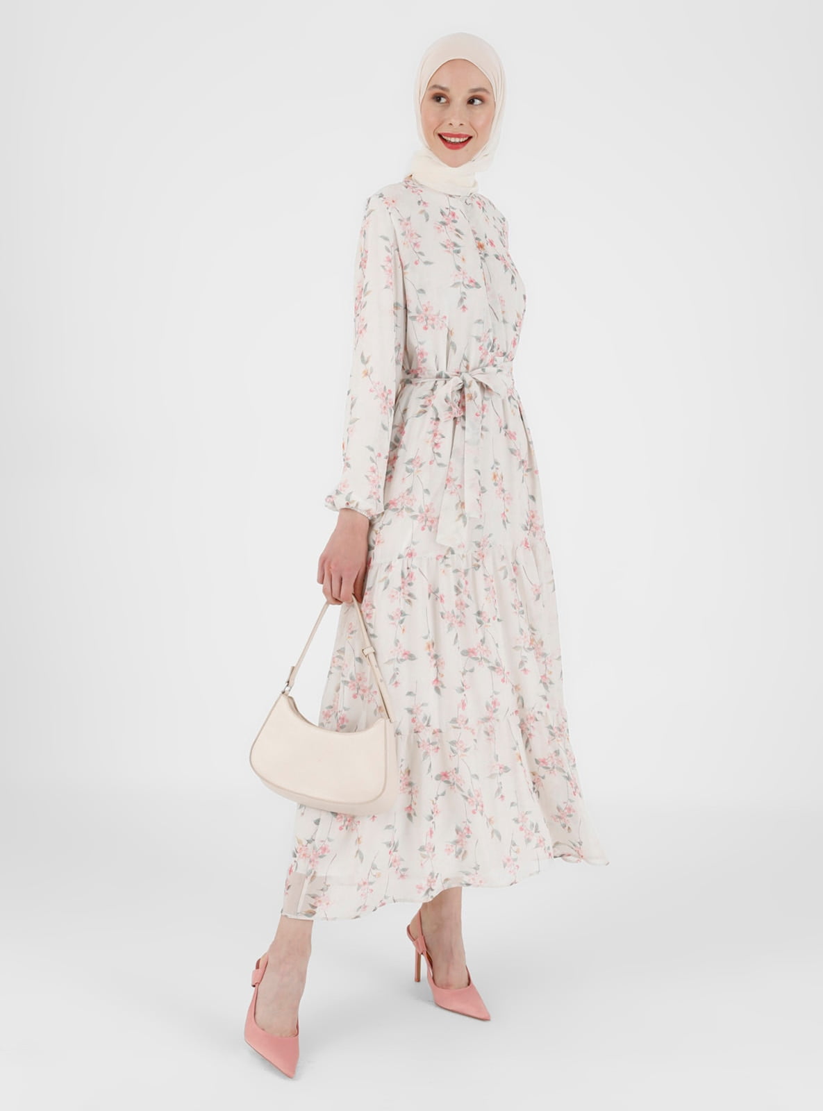 Ecru - Pink - Floral - Button Collar - Fully Lined - Modest Dress