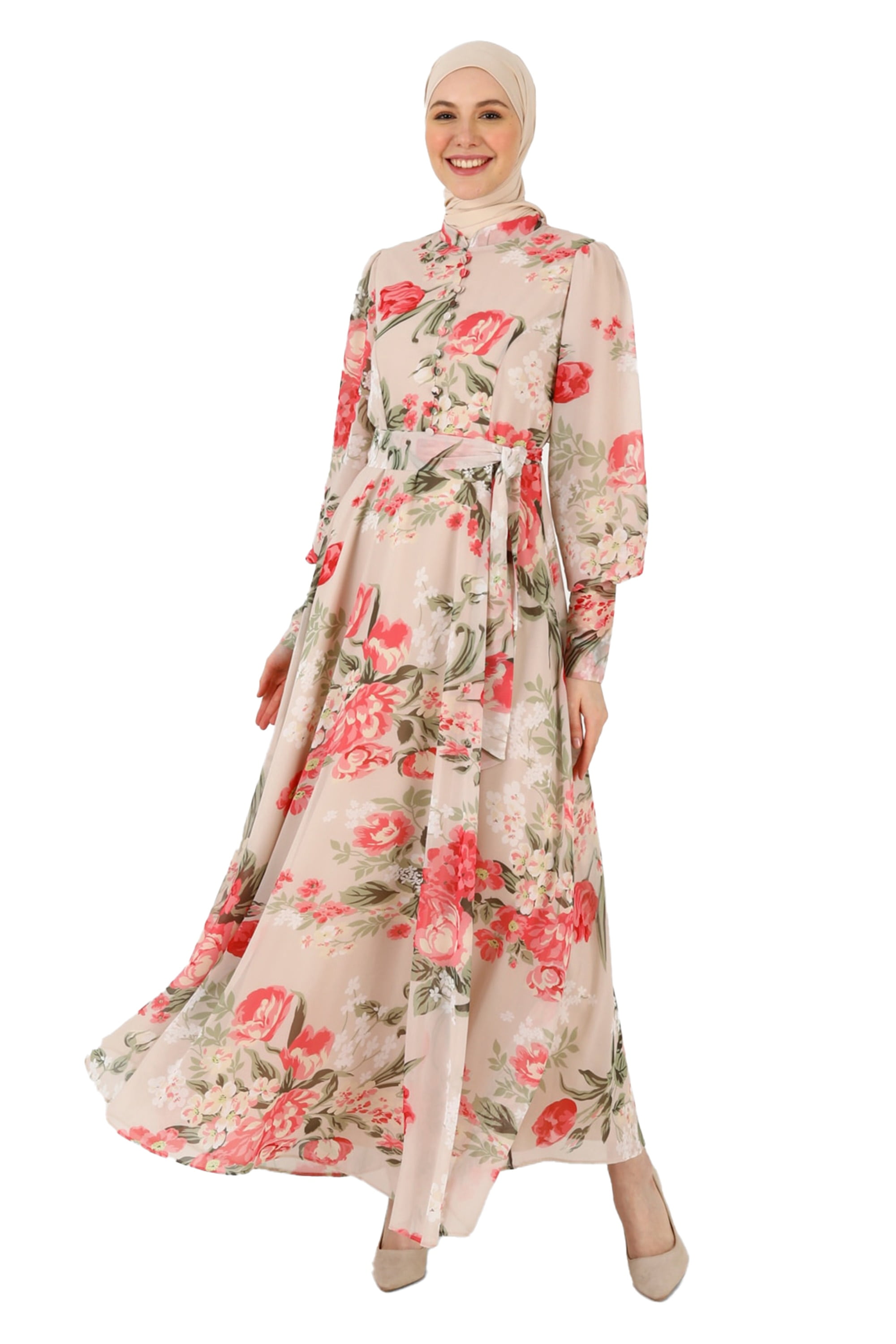 refka casual dress Ecru - Pink - Floral - Crew neck - Fully Lined - Modest Dress