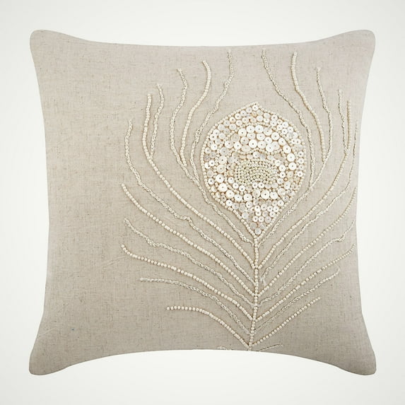 Ecru Throw Pillow Cover, Peacock Feather Mother Of Pearls Throw Pillow Cover, 18x18 inch (45x45 cm) Pillow Cover, Cotton Linen Throw Pillow Cover, Floral - Pearly Peacock Feather