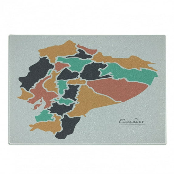 Ecuador Cutting Board, Colorful Political Map with Cartographic Cities Modernistic Round Shape Print, Decorative Tempered Glass Cutting and Serving Board, in 3 Sizes, by Ambesonne