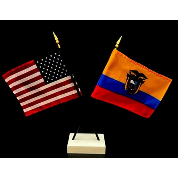 Ecuador Desk Flag Set; Contains One USA and One Country Flag with a White Crossed Base, American Made