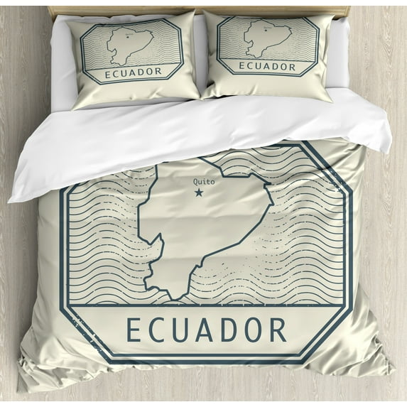 Ecuador Duvet Cover Set Queen Size, Retro Design Country Map with Capital City Grunge Wavy Background, Decorative 3 Piece Bedding Set with 2 Pillow Shams, Eggshell and Dark Slate Blue, by Ambesonne