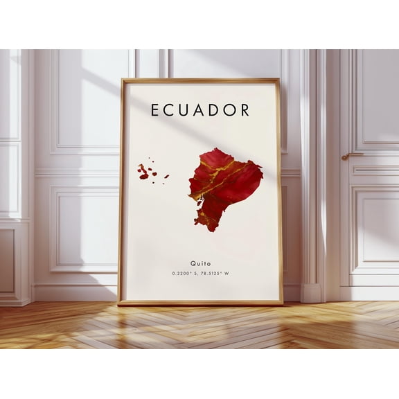 Ecuador Map Poster Red and Gold South America Wall Art Print Home Decor Geography Map Gift Wallpaper