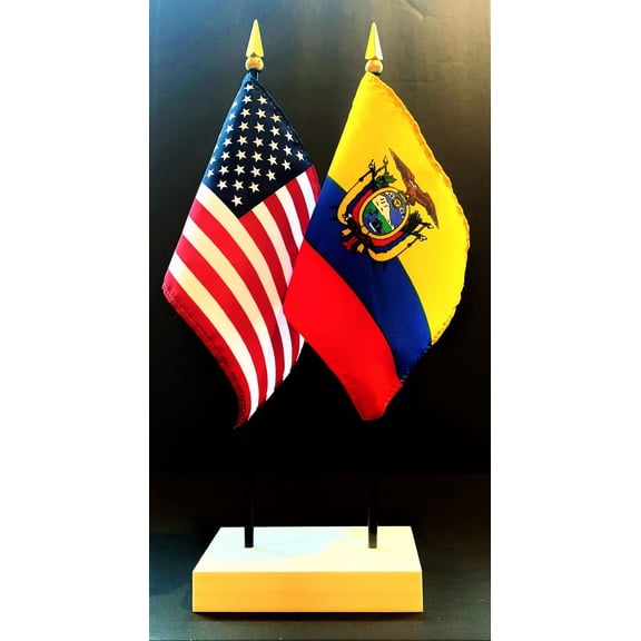 Ecuador Table Flag Set; One USA and International Rayon 4x6 inch Flag Plus a White Base