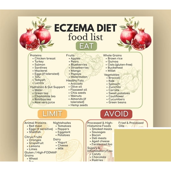Eczema Food List Poster, Eczema Chart, Anti Flu Diet Guide Poster, Foods To Eat And Avoid, Skin Diet Poster, Allergy Chart, Intestinal Healing Plan Poster