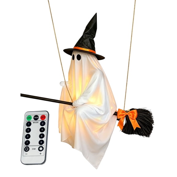 Eczipvz Halloween Decorations Outdoor, 5FT Hanging Ghosts on Brooms with Built-in Warm Lights, Hanging Flying Ghost Decor with Witch Broom for Lawn Patio Porch Backyard Front Yard