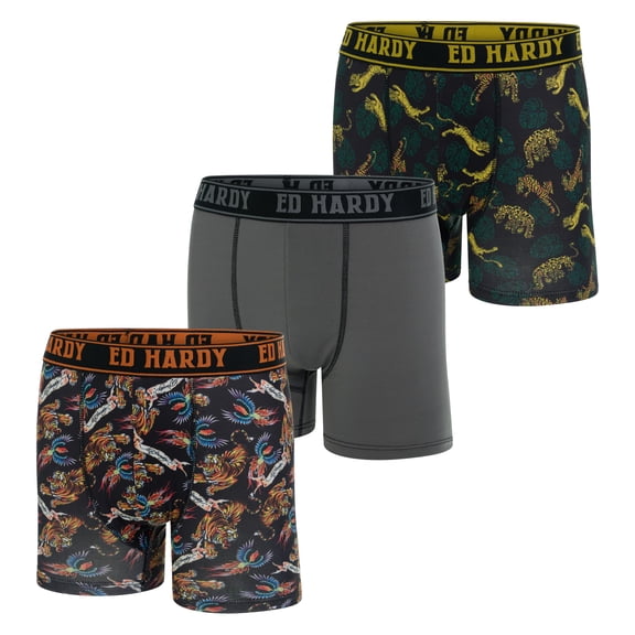 Ed Hardy 3-Pack Boys Boxer Briefs Multipack Performance Underwear, Breathable Stretch Fabric, Tattoo Skull Graphic Designs
