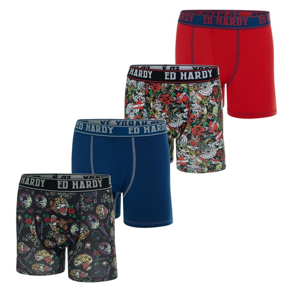 Ed Hardy 4-Pack Boys Boxer Briefs Multipack Performance Underwear, Breathable Stretch Fabric, Tattoo Skull Graphic Designs