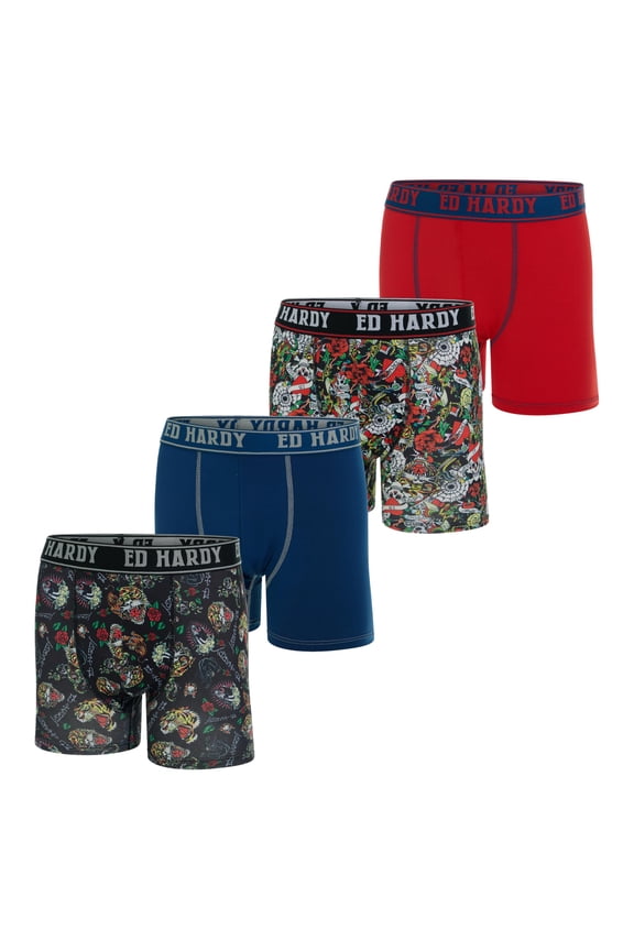 4-Pack Boys Boxer Briefs Multipack Performance Underwear, Breathable Stretch Fabric, Tattoo Skull Graphic Designs