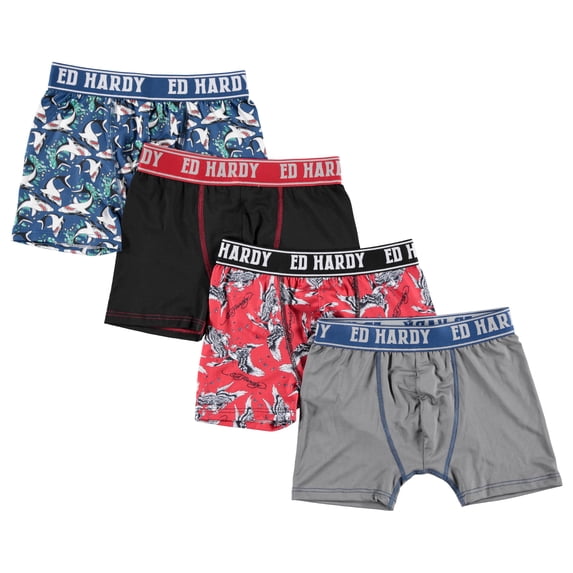Ed Hardy 4-Pack Boys Boxer Briefs Multipack Performance Underwear, Breathable Stretch Fabric, Tattoo Skull Graphic Designs