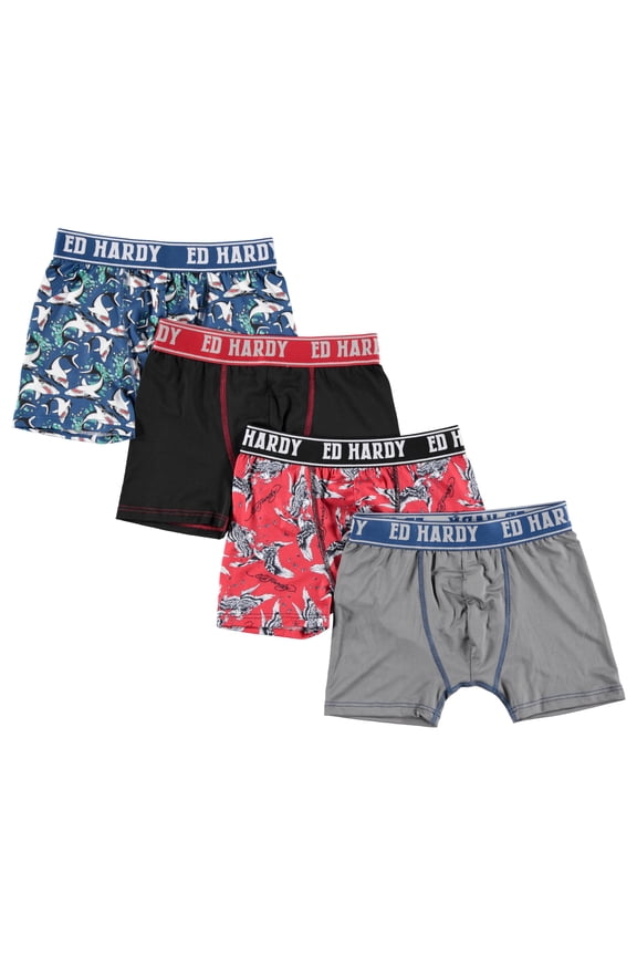 4-Pack Boys Boxer Briefs Multipack Performance Underwear, Breathable Stretch Fabric, Tattoo Skull Graphic Designs
