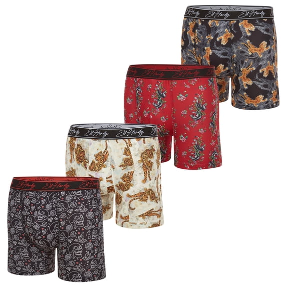 Ed Hardy Mens Underwear Boxer Briefs Comfortable, Breathable, Stylish Design 4 Pack, Skulls, Tiger, Leopard, Panther, XLarge