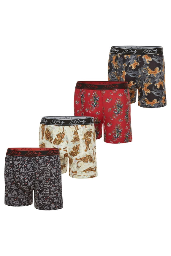 4-Pack Mens Underwear Boxer Briefs - Breathable Performance Boxers for Men - Long Leg Mens Boxers - Skulls, Tiger, Leopard, Panther, X-Large
