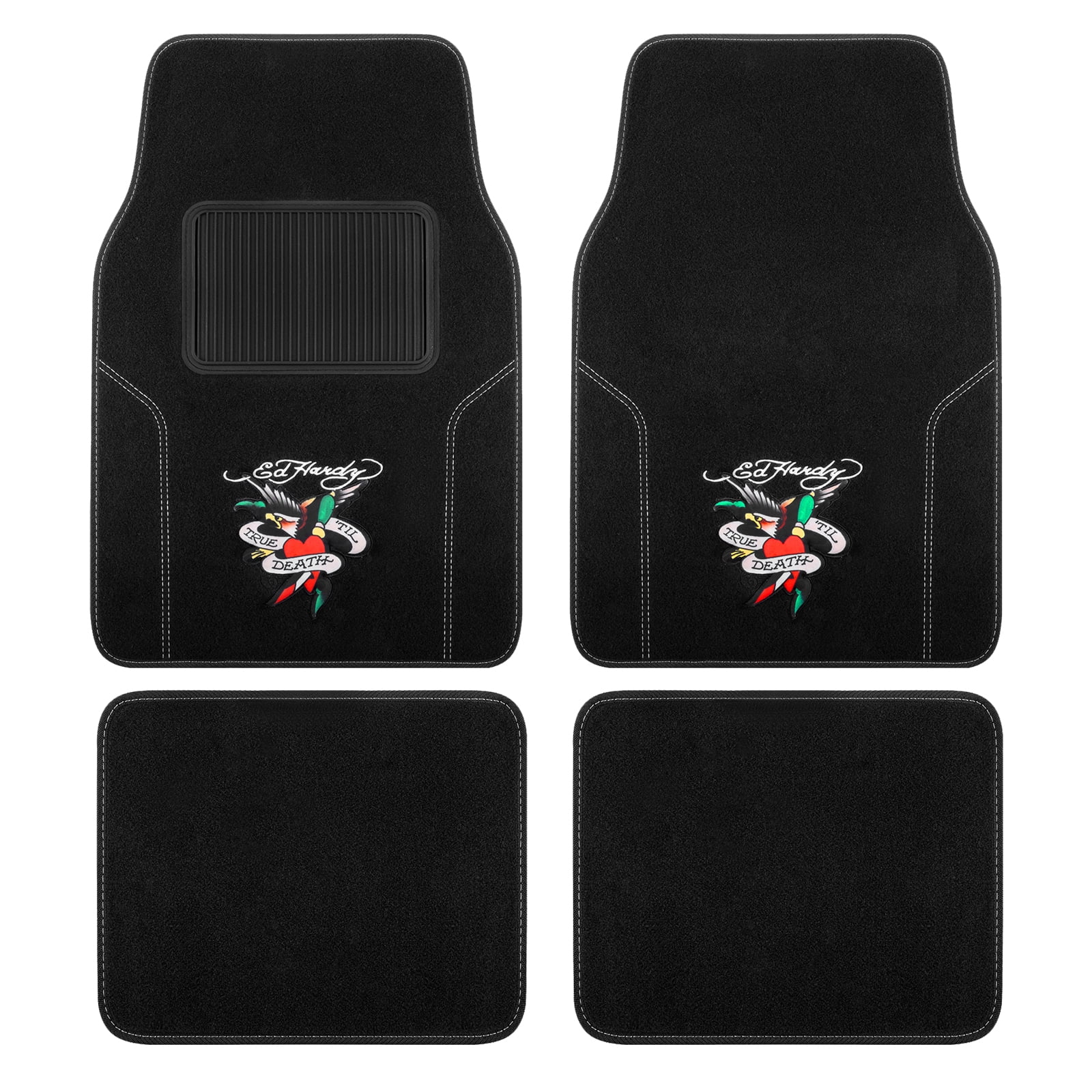 Ed Hardy Car Floor Mats, Fashion Print Carpet Floor Mats Set with Dagger Heart & Eagle Graphic, Faux Leather Floor Mats, Front and Rear Interior Protection for Cars, Trucks and SUVs