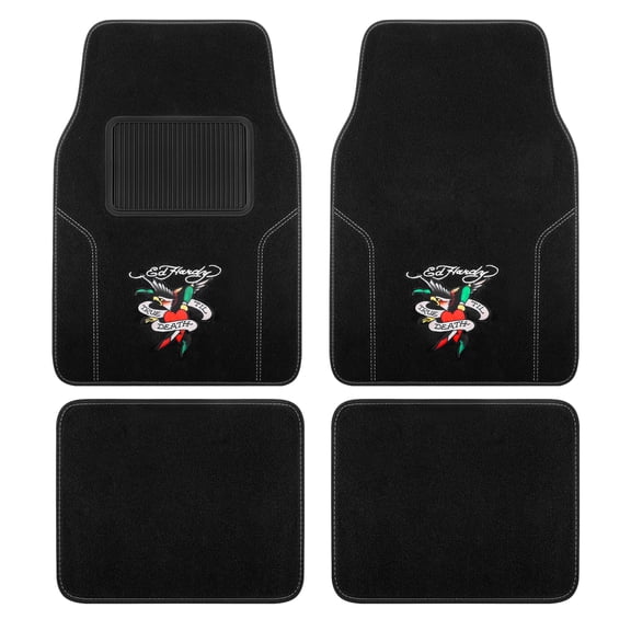 Ed Hardy Car Floor Mats, Fashion Print Carpet Floor Mats Set with Dagger Heart & Eagle Graphic, Faux Leather Floor Mats, Front and Rear Interior Protection for Cars, Trucks and SUVs