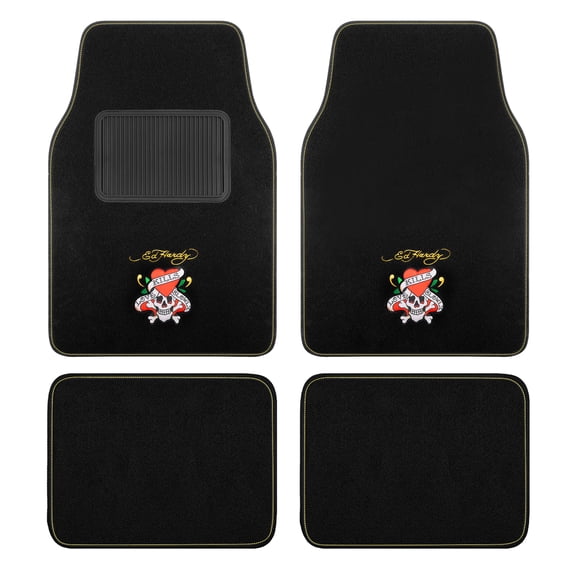 Ed Hardy Car Floor Mats, Fashion Print Carpet Floor Mats Set with Red Heart & Skull Graphic, Faux Leather Floor Mats, Front and Rear Interior Protection for Cars, Trucks and SUVs