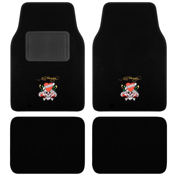 Ed Hardy Car Floor Mats, Fashion Print Carpet Floor Mats Set with Red Heart & Skull Graphic, Faux Leather Floor Mats, Front and Rear Interior Protection for Cars, Trucks and SUVs