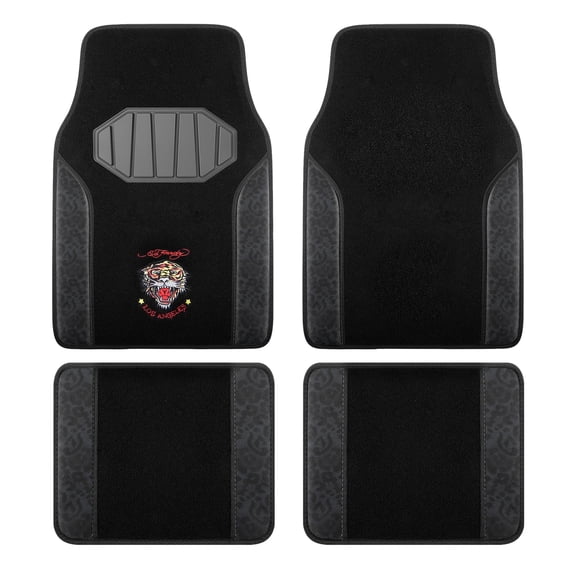 Ed Hardy Car Floor Mats, Leather Fashion Floor Mats Set, Faux Leather Car Carpet Mats Front and Rear Interior Protection for Cars, Trucks and SUVs, Black