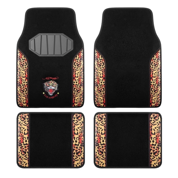 Ed Hardy Car Floor Mats, Leather Fashion Floor Mats Set, Faux Leather Car Carpet Mats Front and Rear Interior Protection for Cars, Trucks and SUVs, Yellow