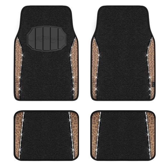 Ed Hardy Car Floor Mats Set with Rhinestone Accent Strips, Luxury Leopard Print Car Floor Mats,Universal Fit, Heavy-Duty Carpet Auto Floor Mats for Cars, SUVs, Trucks, Brown 4-Piece Set