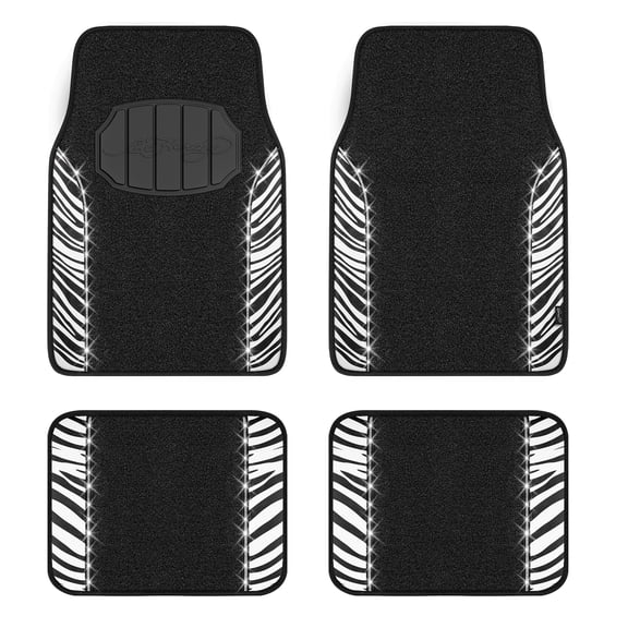 Ed Hardy Car Floor Mats Set with Rhinestone Trim, Black Zebra Print Car Floor Mats,Premium Carpet Auto Floor Mats, Universal Fit for Cars SUVs Trucks, 4-Piece